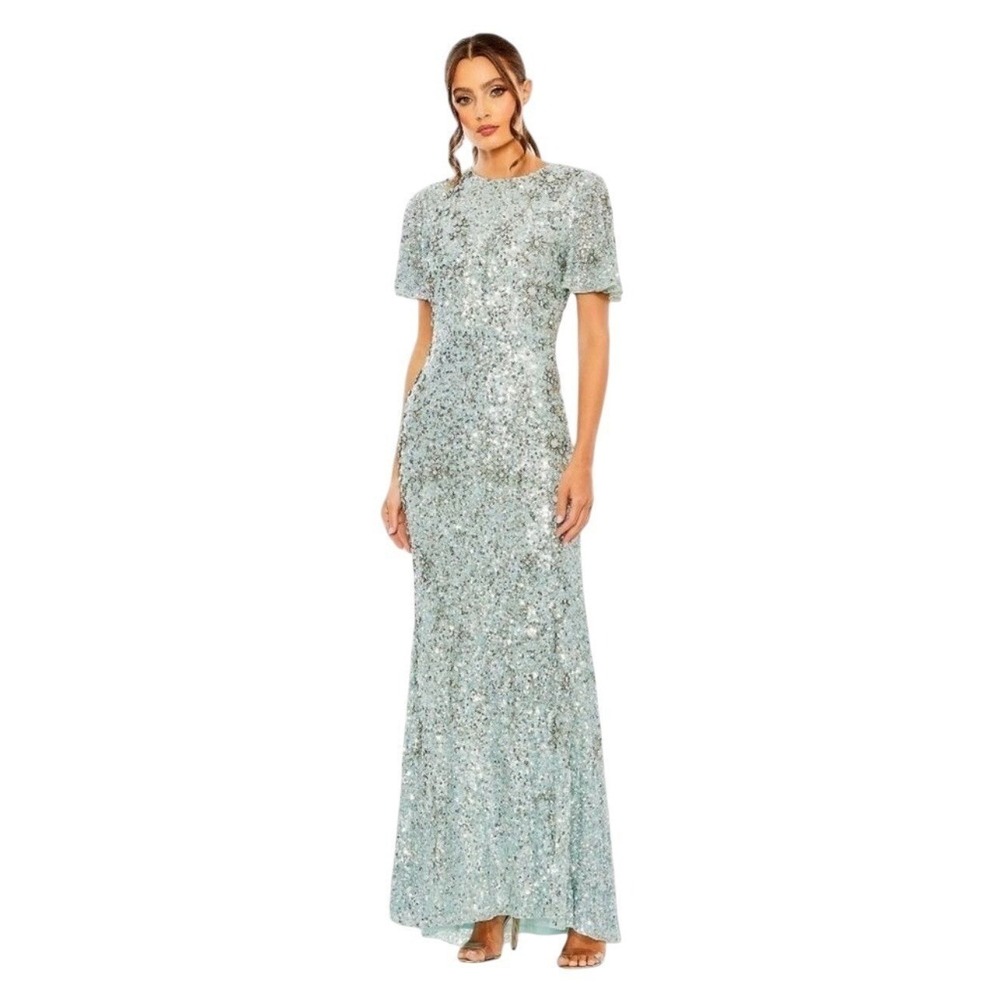 Mac Duggal 93932 Blue Flutter Sleeve Sequins High Neck‎ Gown Size 4 $998